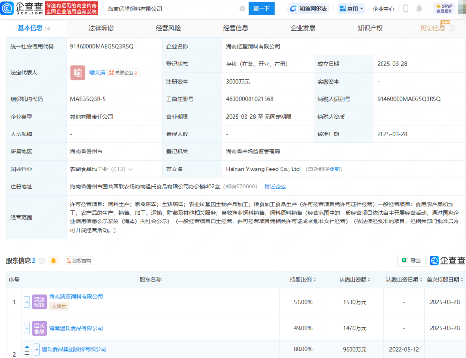 溫氏股份等企業(yè)成立海南飼料公司，注冊(cè)資本3000萬助力畜牧漁業(yè)發(fā)展